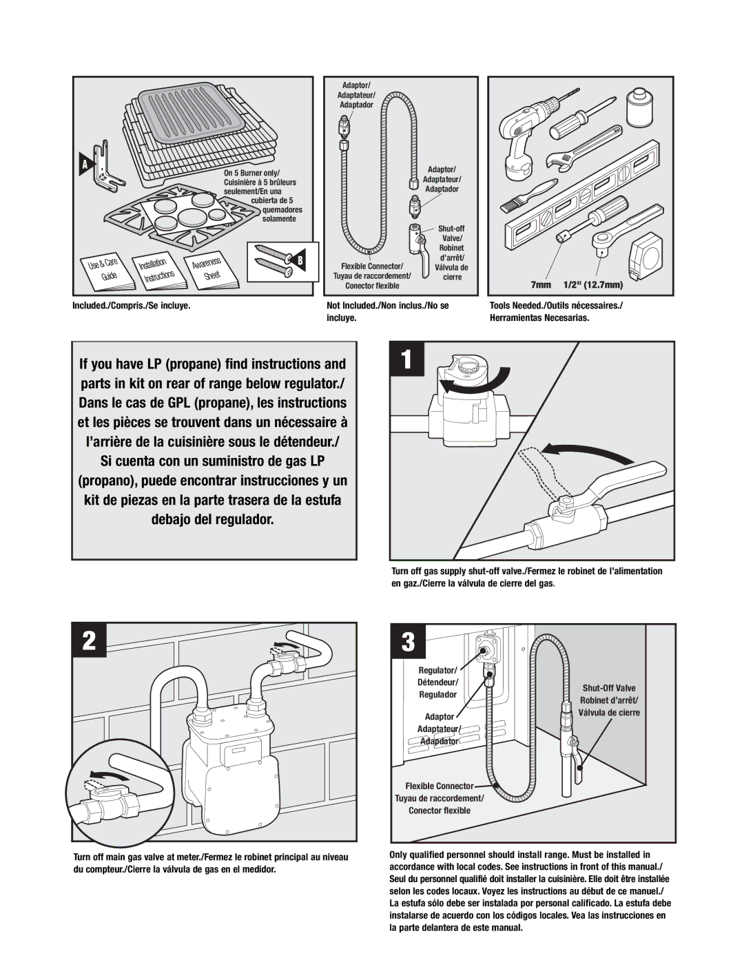 Maytag MGR6775, MGR6875 On 5 Burner only, Seulement/En una, Instructions, Adaptor Adaptateur Adaptador, 12.7mm 