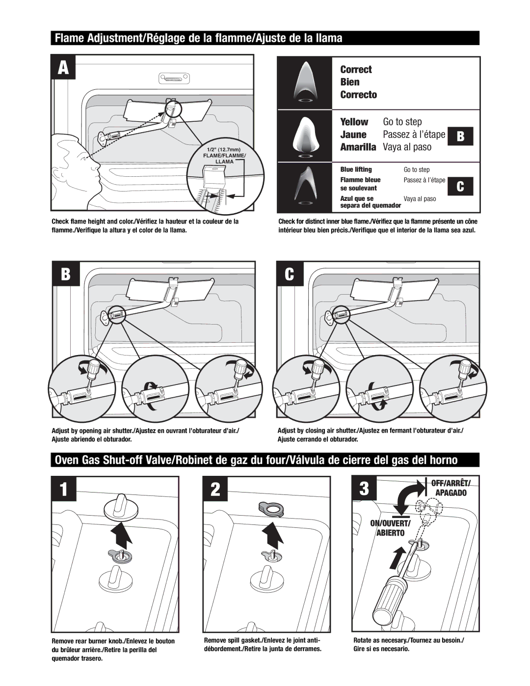 Maytag MGR6875, MGR6775 installation instructions Flame Adjustment/Réglage de la flamme/Ajuste de la llama, Flamme bleue 