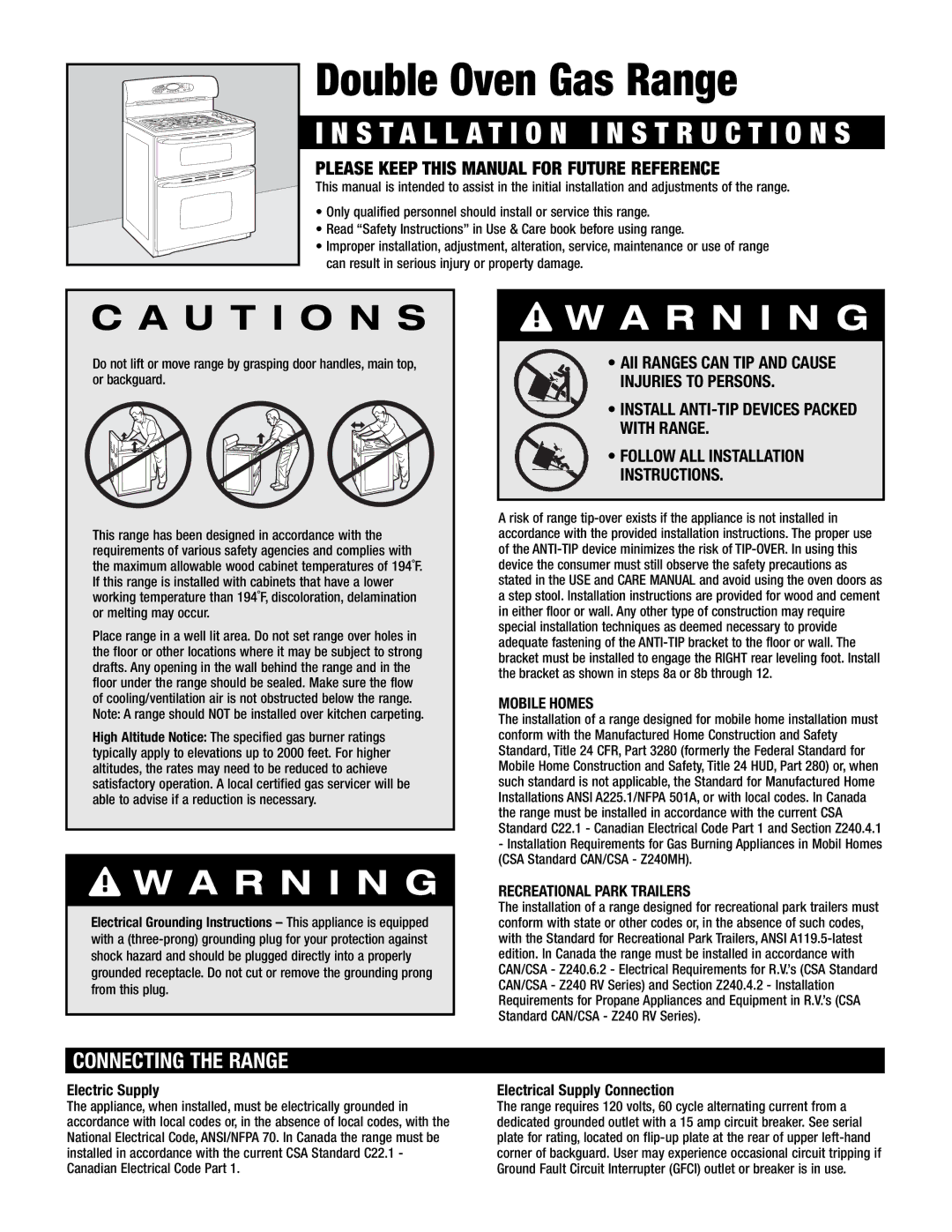 Maytag MGR6875, MGR6775 Double Oven Gas Range, Installation I N S T R U C T I O N S, Connecting the Range, Mobile Homes 