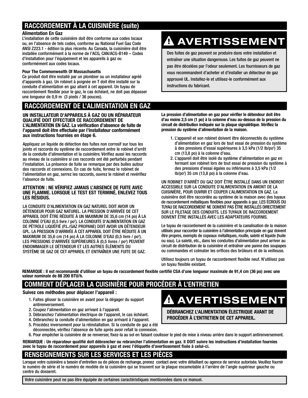 Maytag MGR6775, MGR6875 Raccordement DE L’ALIMENTATION EN GAZ, Comment Déplacer LA Cuisinière Pour Procéder À L’ENTRETIEN 