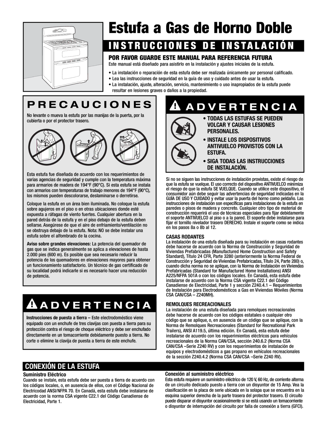 Maytag MGR6875 Estufa a Gas de Horno Doble, S T R U C C I O N E S D E I N S T a L a C I Ó N, Conexión DE LA Estufa 