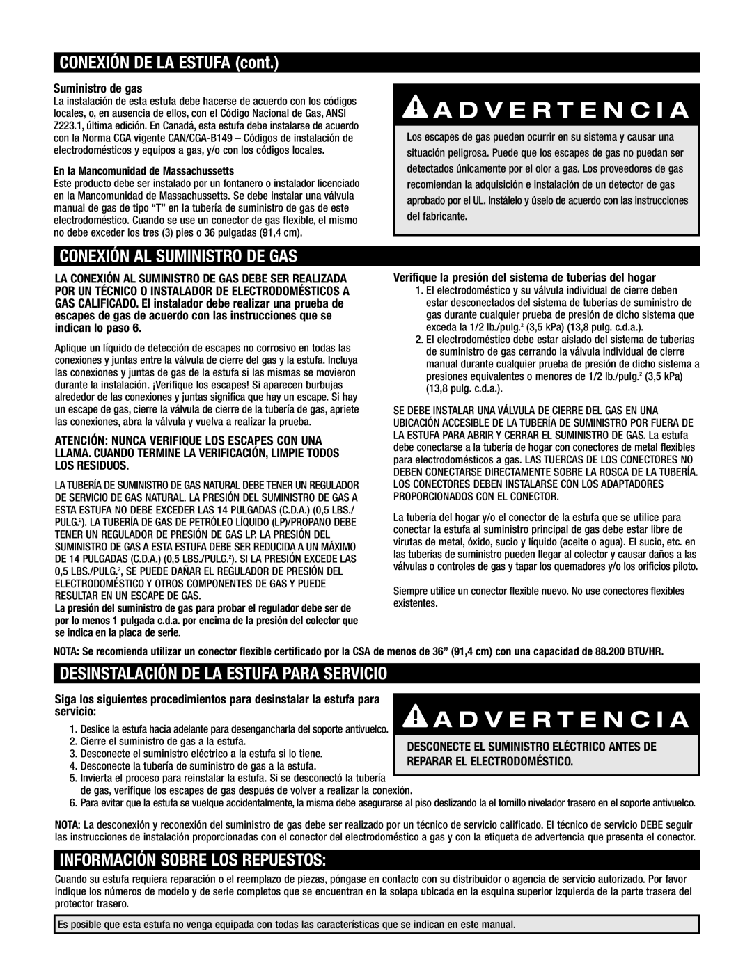 Maytag MGR6775, MGR6875 Conexión DE LA Estufa, Conexión AL Suministro DE GAS, Desinstalación DE LA Estufa Para Servicio 