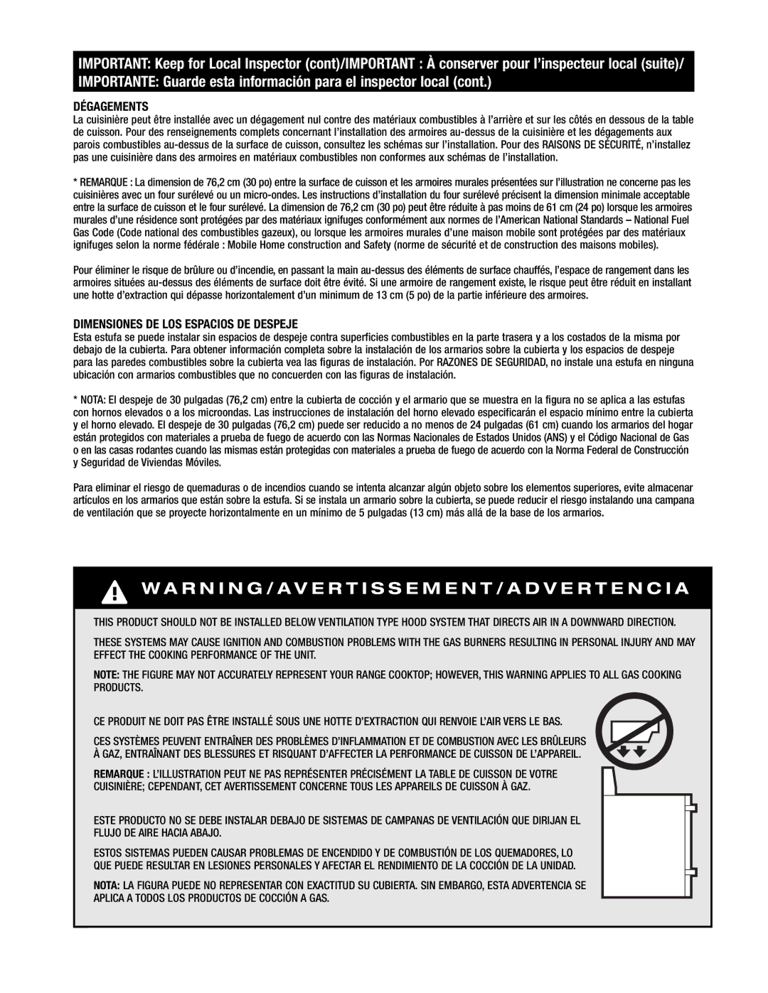 Maytag MGR6775, MGR6875 installation instructions Dégagements, Dimensiones DE LOS Espacios DE Despeje 