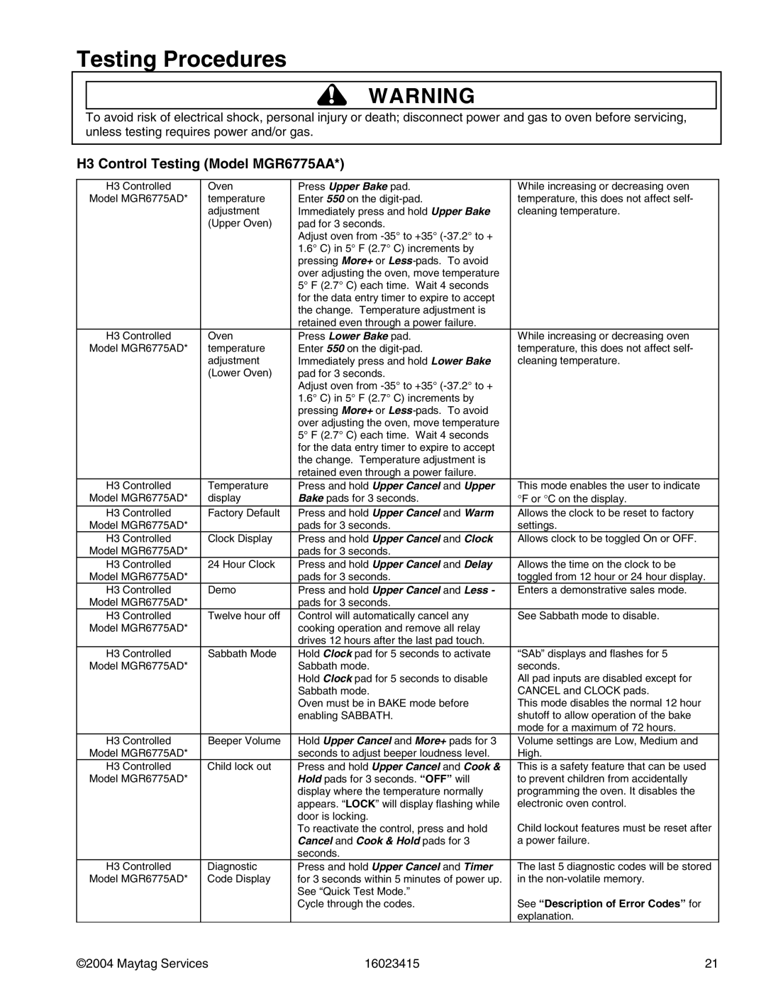 Maytag MGR6775ADB/Q/S/W, MGR6875ADB/Q/S/W manual H3 Control Testing Model MGR6775AA 