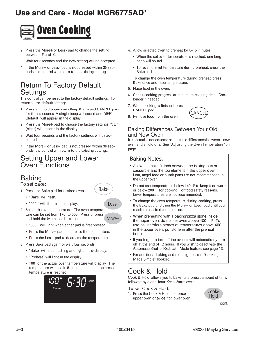 Maytag MGR6875ADB/Q/S/W Return To Factory Default Settings, Setting Upper and Lower Oven Functions Baking, Cook & Hold 