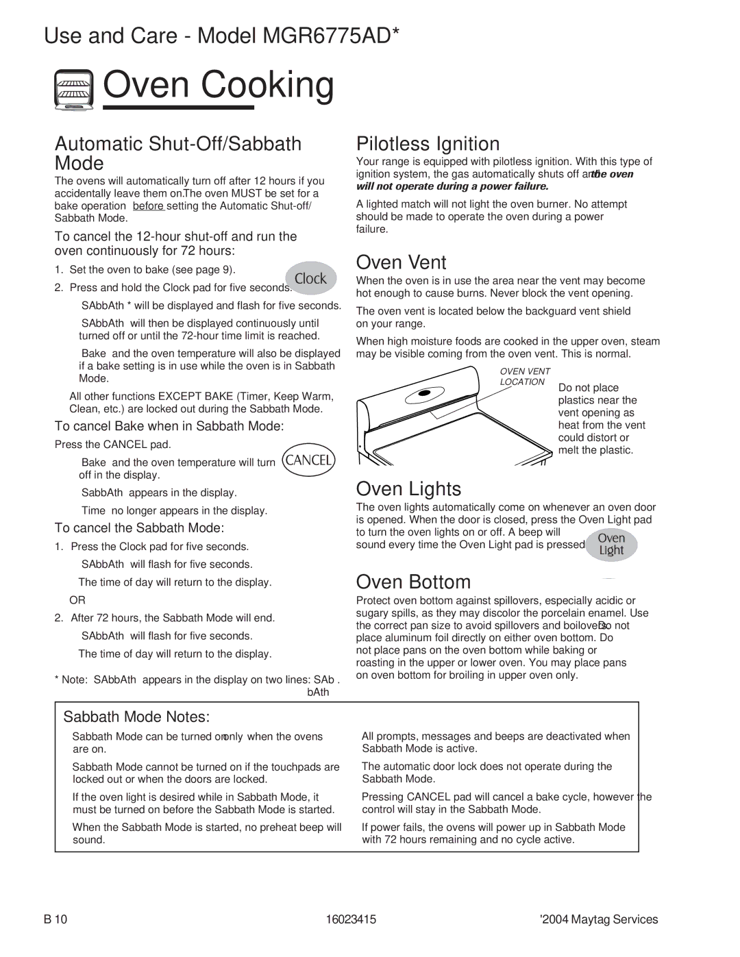 Maytag MGR6875ADB/Q/S/W, MGR6775ADB/Q/S/W manual Automatic Shut-Off/Sabbath Mode, Oven Vent, Oven Lights, Oven Bottom 