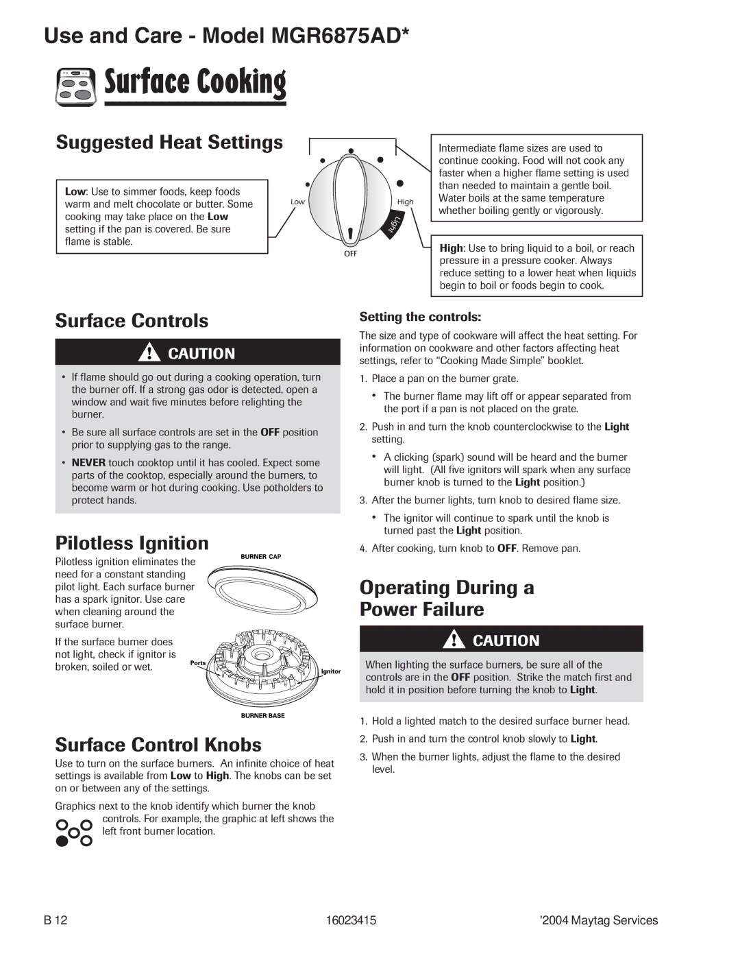 Maytag MGR6875ADB/Q/S/W, MGR6775ADB/Q/S/W manual Surface Cooking 