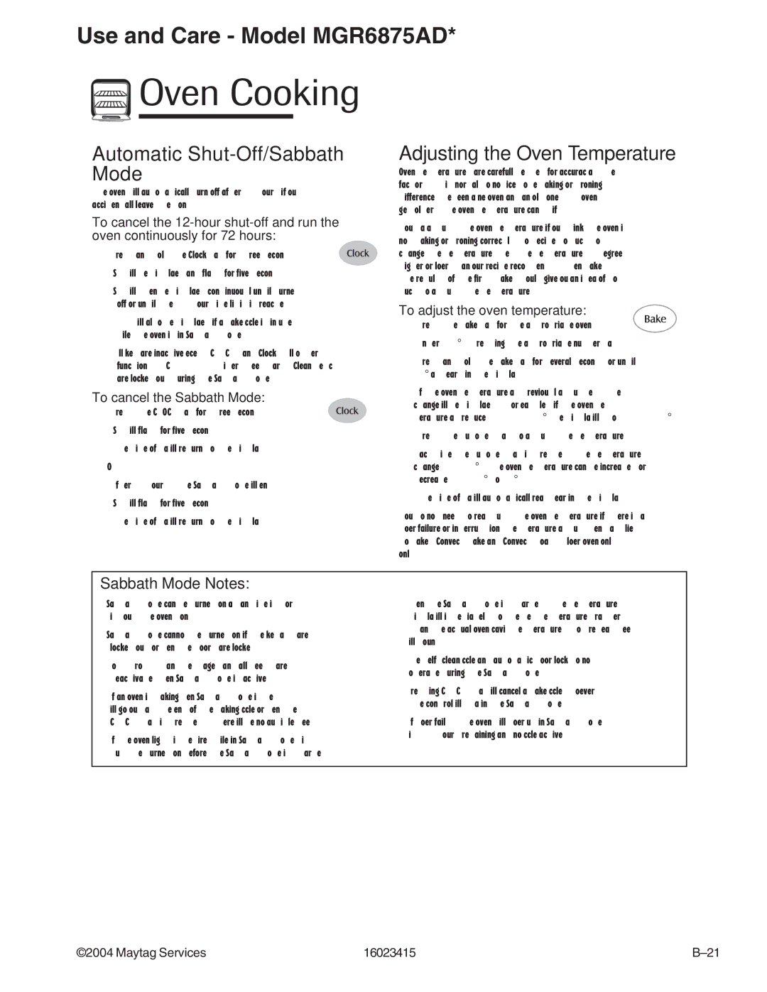 Maytag MGR6775ADB/Q/S/W, MGR6875ADB/Q/S/W manual Sabbath Mode Notes 