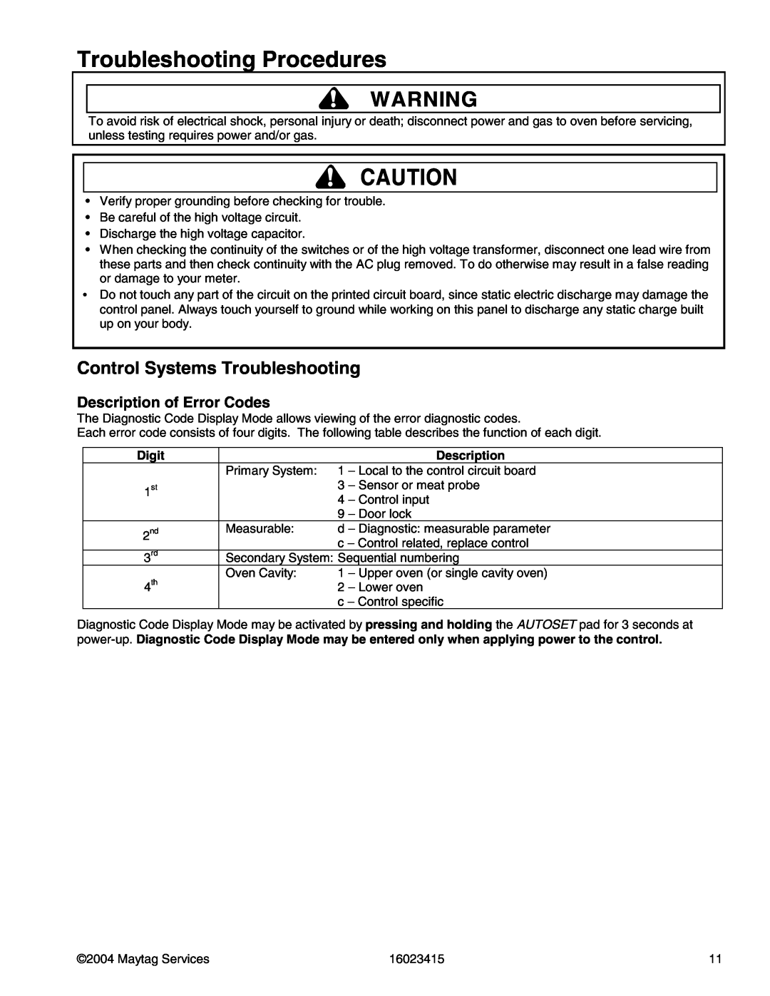 Maytag MGR6775ADB/Q/S/W Troubleshooting Procedures, Control Systems Troubleshooting, Description of Error Codes, Digit 