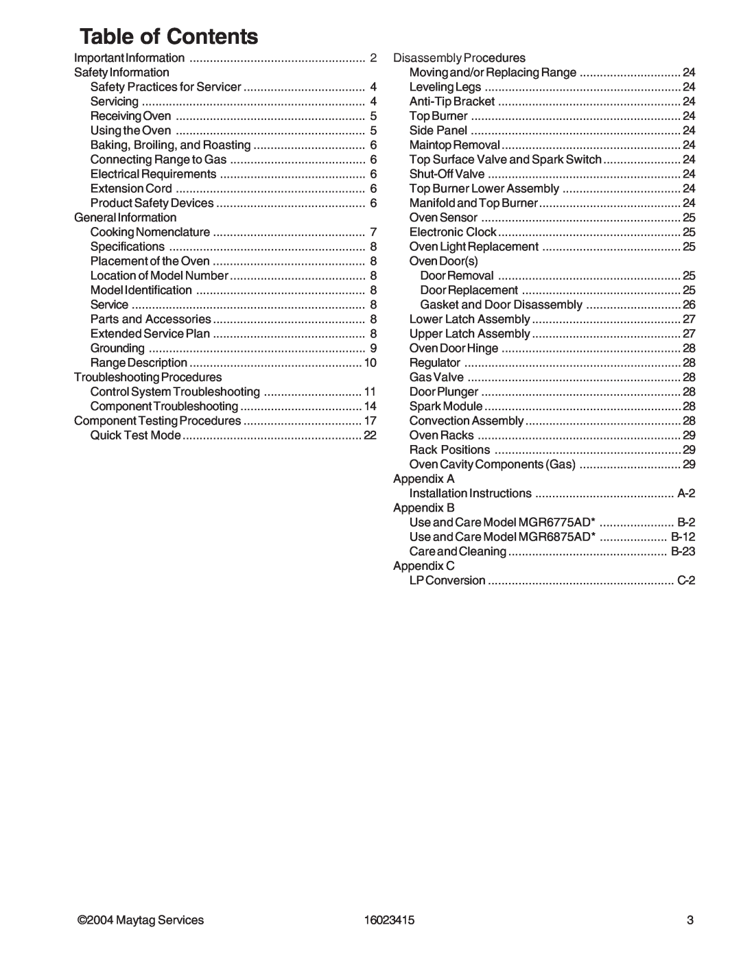 Maytag MGR6775ADB/Q/S/W, MGR6875ADB/Q/S/W manual Table of Contents 