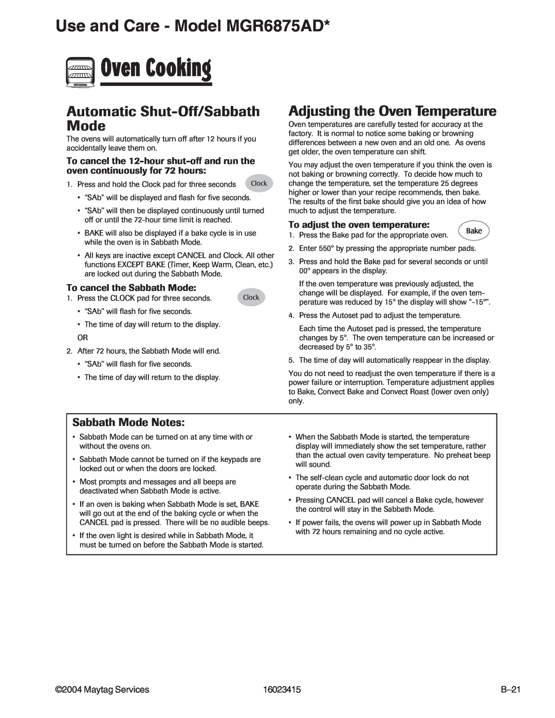 Maytag MGR6775ADB/Q/S/W Sabbath Mode Notes, Oven Cooking, Use and Care - Model MGR6875AD, Automatic Shut-Off/SabbathMode 