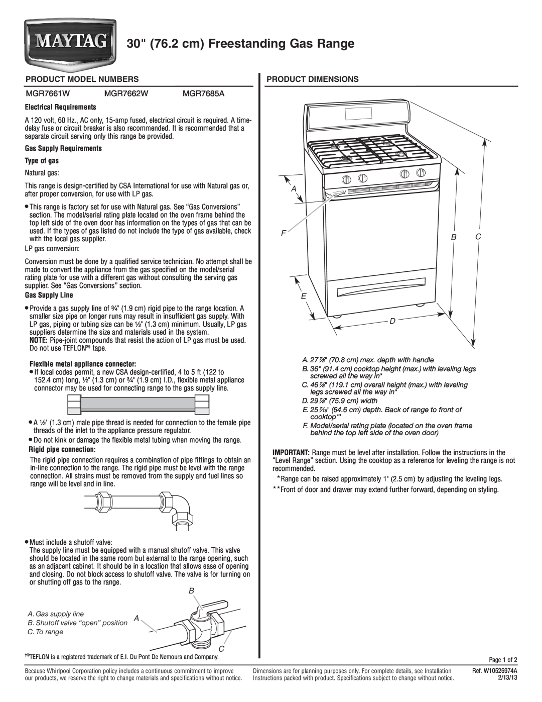 Maytag MGR7662W dimensions Product Model Numbers, Product Dimensions, 30 76.2 cm Freestanding Gas Range, MGR7661W 