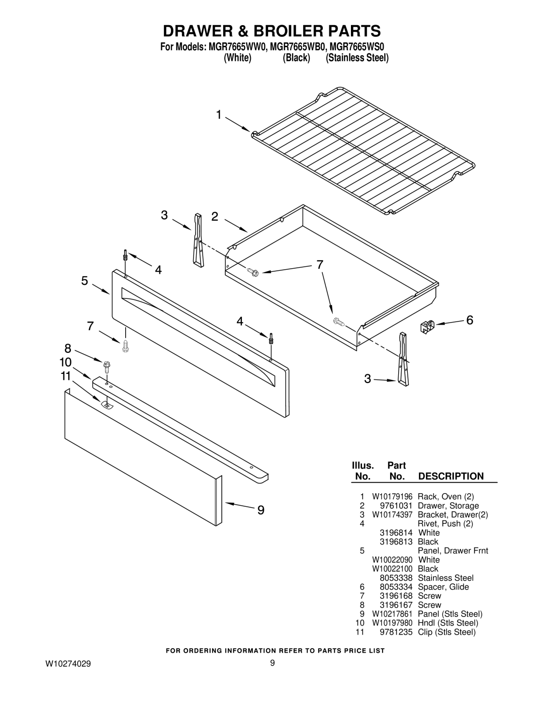 Maytag installation instructions Drawer & Broiler Parts, For Models MGR7665WW0, MGR7665WB0, MGR7665WS0 White Black 