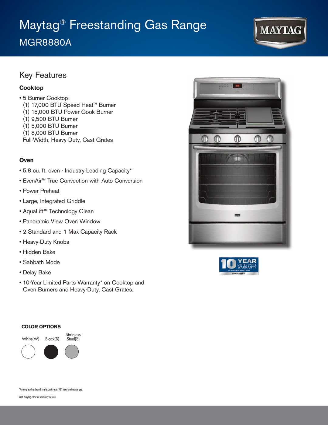 Maytag MGR8880A warranty Key Features, Cooktop, Oven 