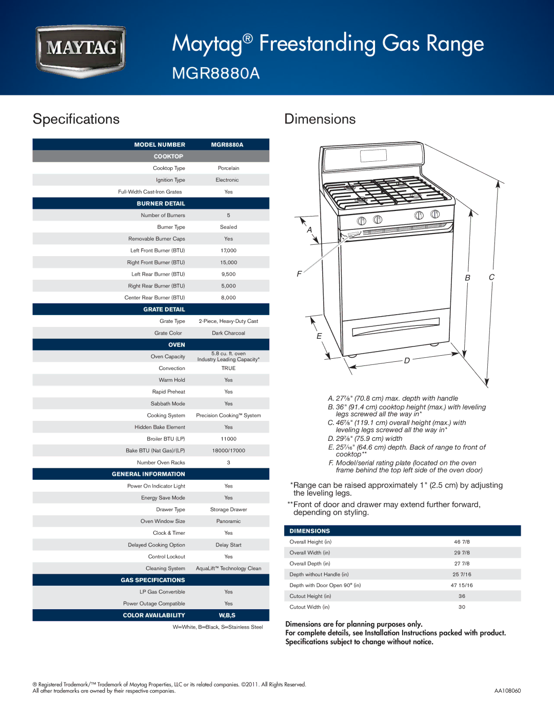 Maytag MGR8880A warranty Specifications, Dimensions 