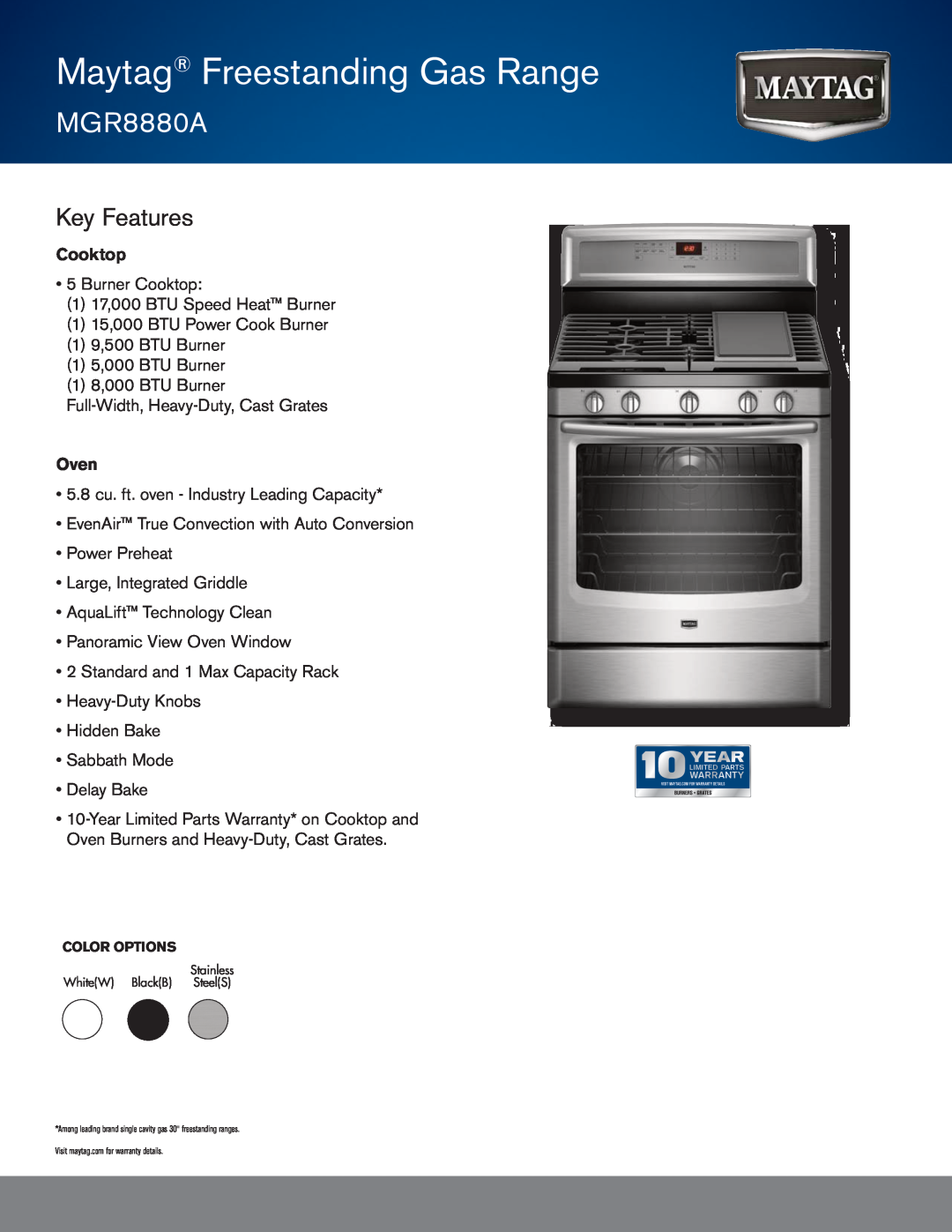 Maytag MGR8880A warranty Maytag Freestanding Gas Range, mgr8880a, Key Features, Cooktop, Oven 
