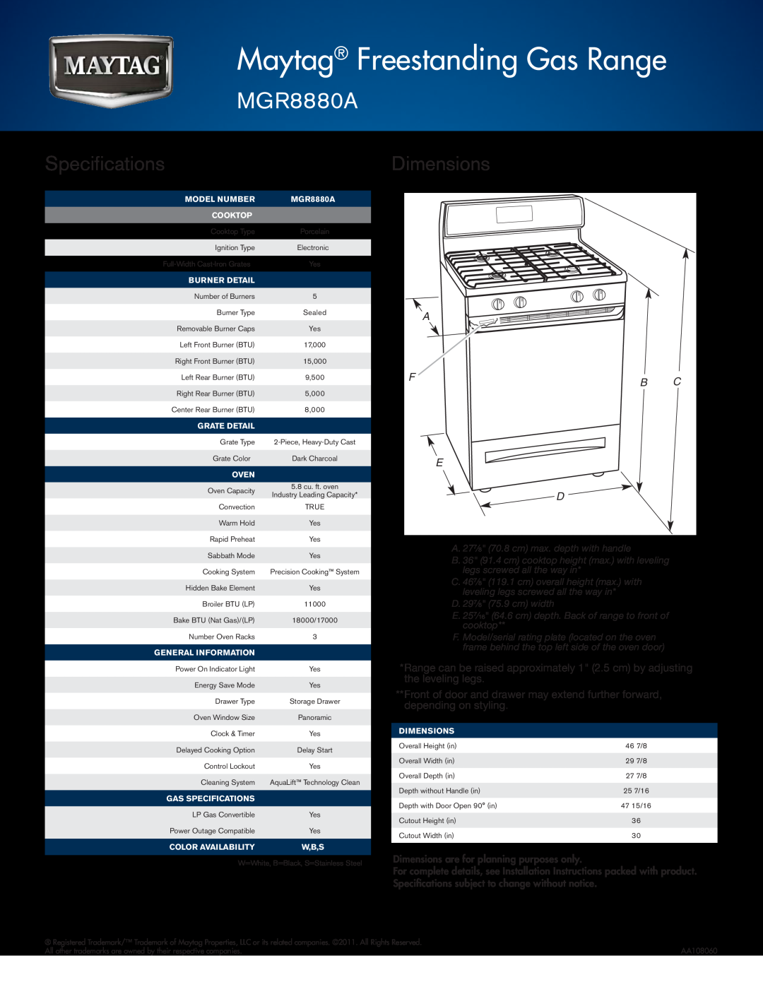 Maytag MGR8880A warranty Specifications, Dimensions, Maytag Freestanding Gas Range, mgr8880a, A Fb C E 