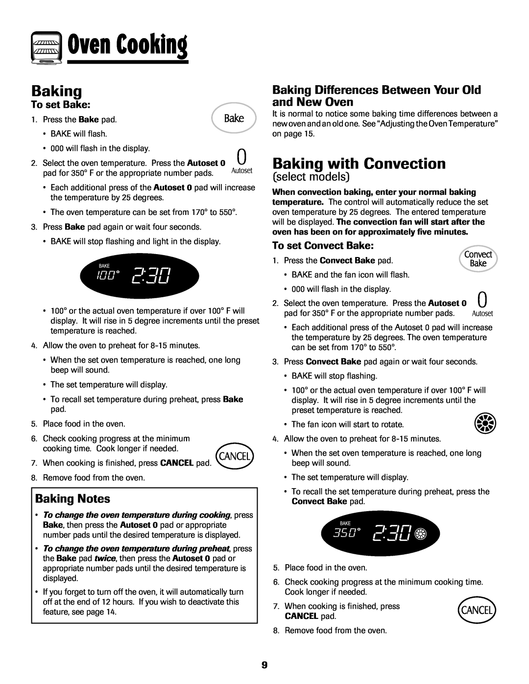 Maytag MGS5875BDW Baking with Convection, Baking Notes, Baking Differences Between Your Old and New Oven, To set Bake 