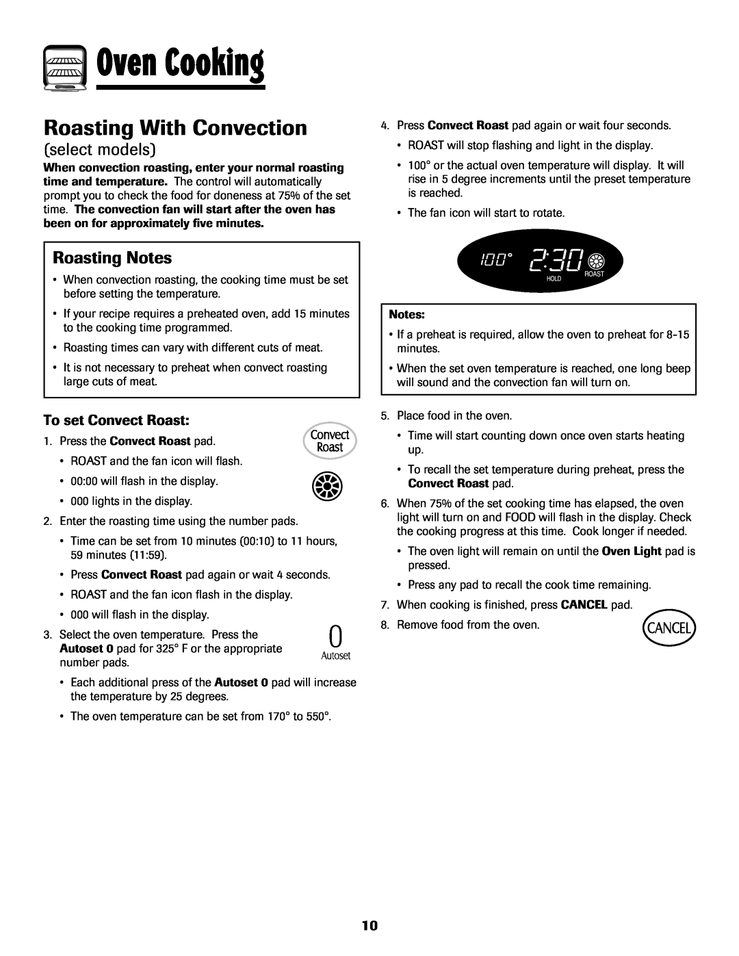 Maytag MGS5875BDW Roasting With Convection, Roasting Notes, To set Convect Roast, Oven Cooking, select models 