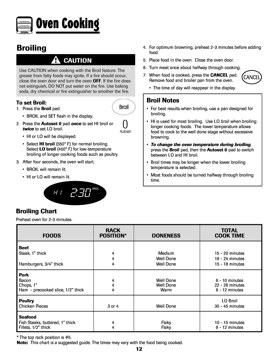 Maytag MGS5875BDW Broil Notes, Broiling Chart, To set Broil, Rack, Total, Foods, Position, Cook Time, Oven Cooking 