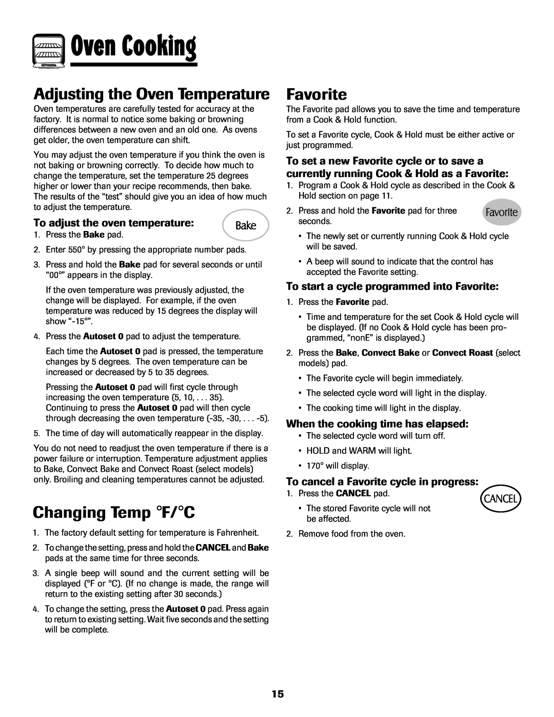 Maytag MGS5875BDW Adjusting the Oven Temperature, Changing Temp F/C, Favorite, To adjust the oven temperature 