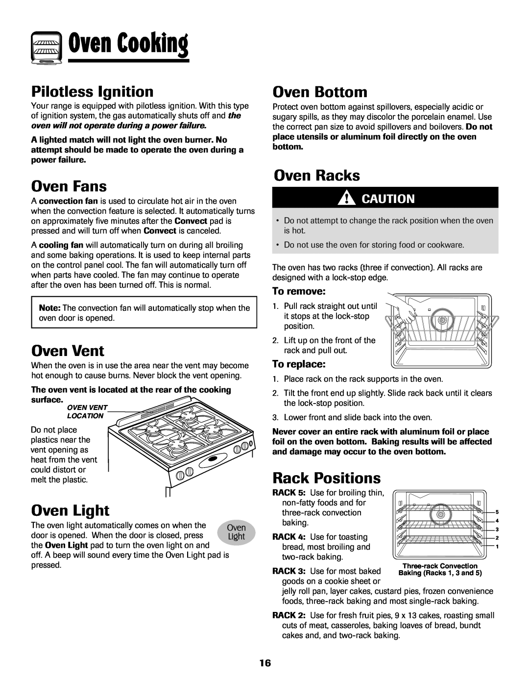 Maytag MGS5875BDW Oven Fans, Oven Vent, Oven Light, Oven Bottom, Oven Racks, Rack Positions, To remove, To replace 