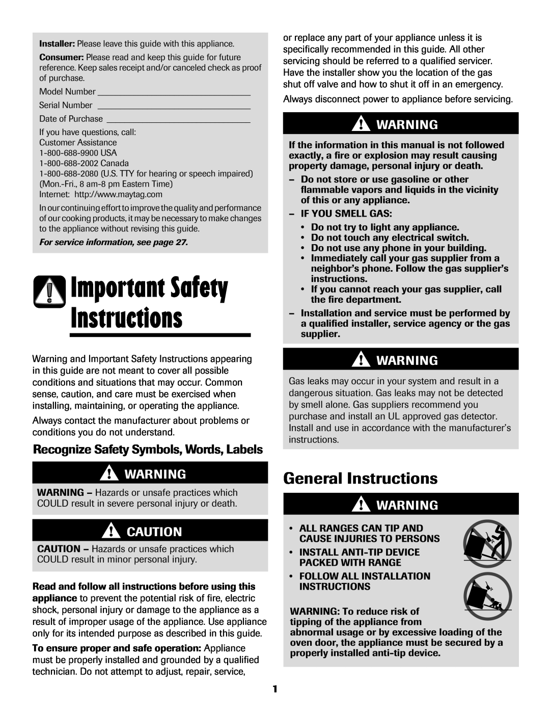 Maytag MGS5875BDW Important Safety, General Instructions, Recognize Safety Symbols, Words, Labels 
