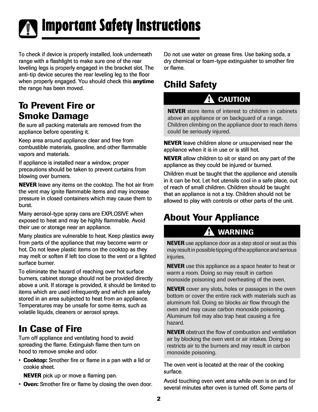 Maytag MGS5875BDW Important Safety Instructions, To Prevent Fire or Smoke Damage, In Case of Fire, Child Safety 