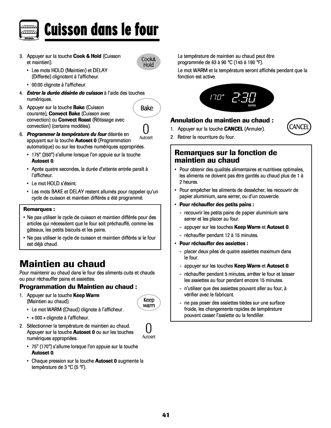 Maytag MGS5875BDW Remarques sur la fonction de maintien au chaud, Programmation du Maintien au chaud 