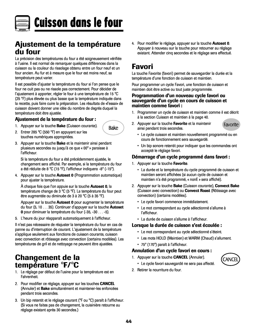 Maytag MGS5875BDW Ajustement de la température du four, Changement de la température F/C, Favori, Cuisson dans le four 