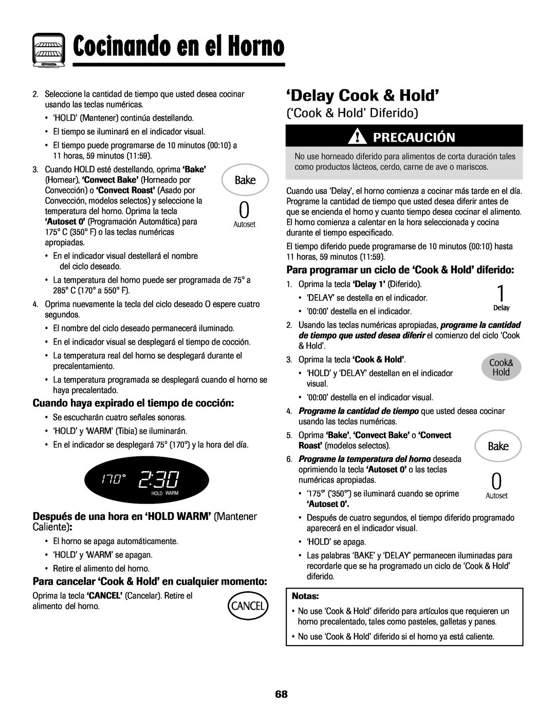 Maytag MGS5875BDW ‘Delay Cook & Hold’, ‘Cook & Hold’ Diferido, Cuando haya expirado el tiempo de cocción, Precaución 