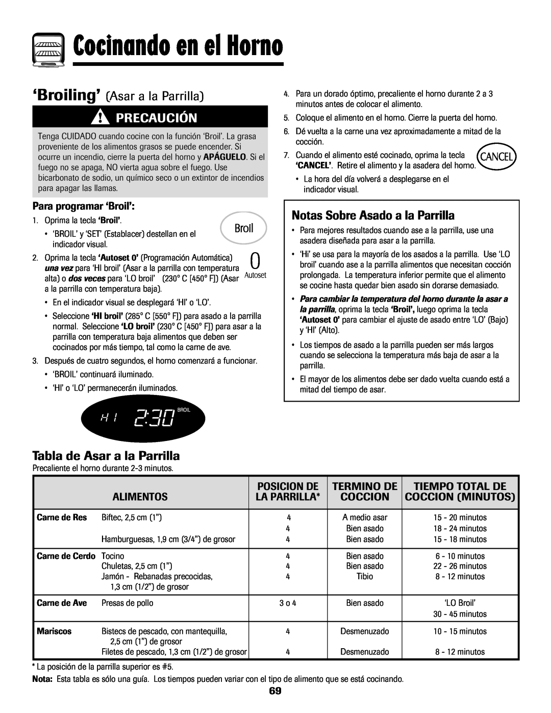 Maytag MGS5875BDW ‘Broiling’ Asar a la Parrilla, Notas Sobre Asado a la Parrilla, Tabla de Asar a la Parrilla, Posicion De 