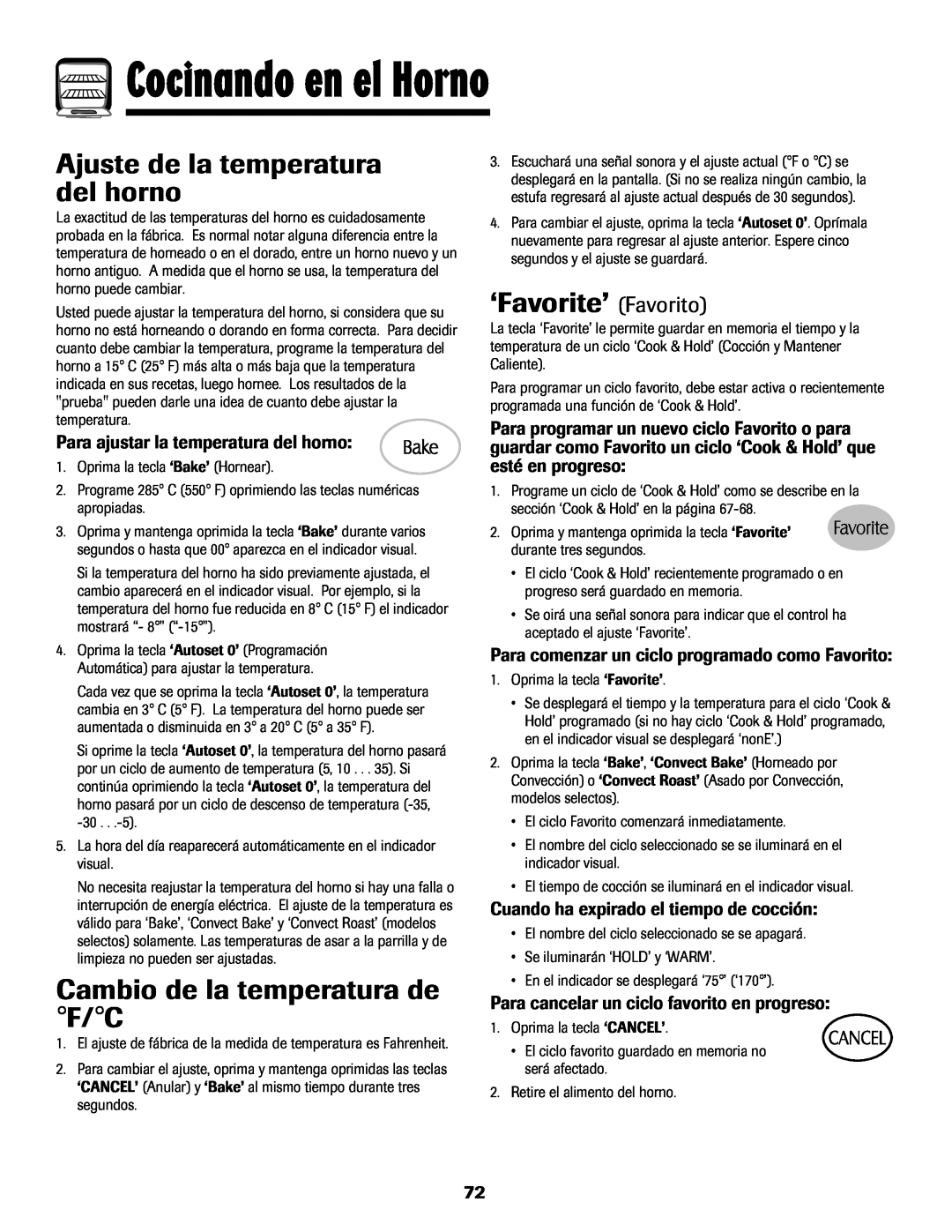 Maytag MGS5875BDW Ajuste de la temperatura del horno, Cambio de la temperatura de F/C, ‘Favorite’ Favorito 