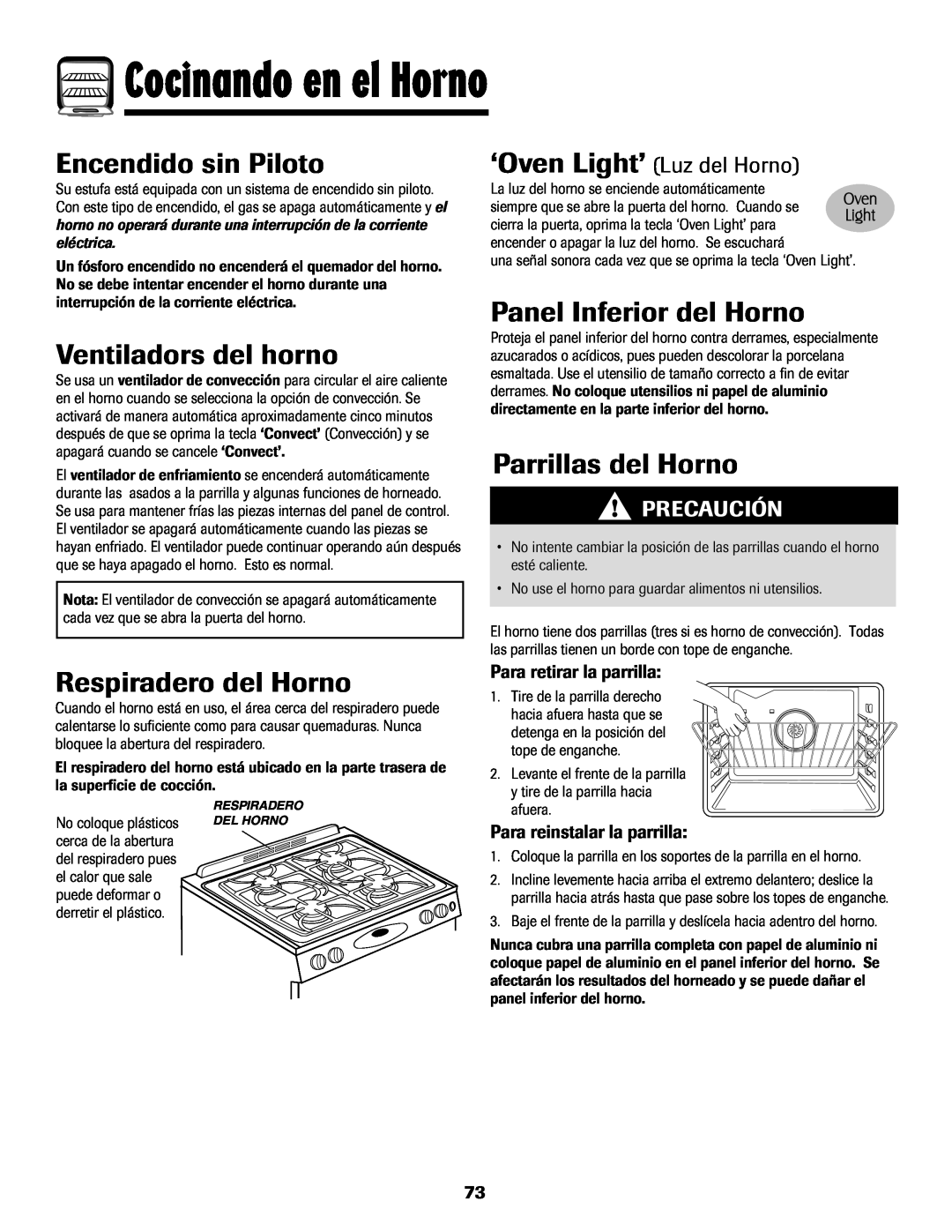 Maytag MGS5875BDW Encendido sin Piloto, Ventiladors del horno, Panel Inferior del Horno, Parrillas del Horno, Precaución 