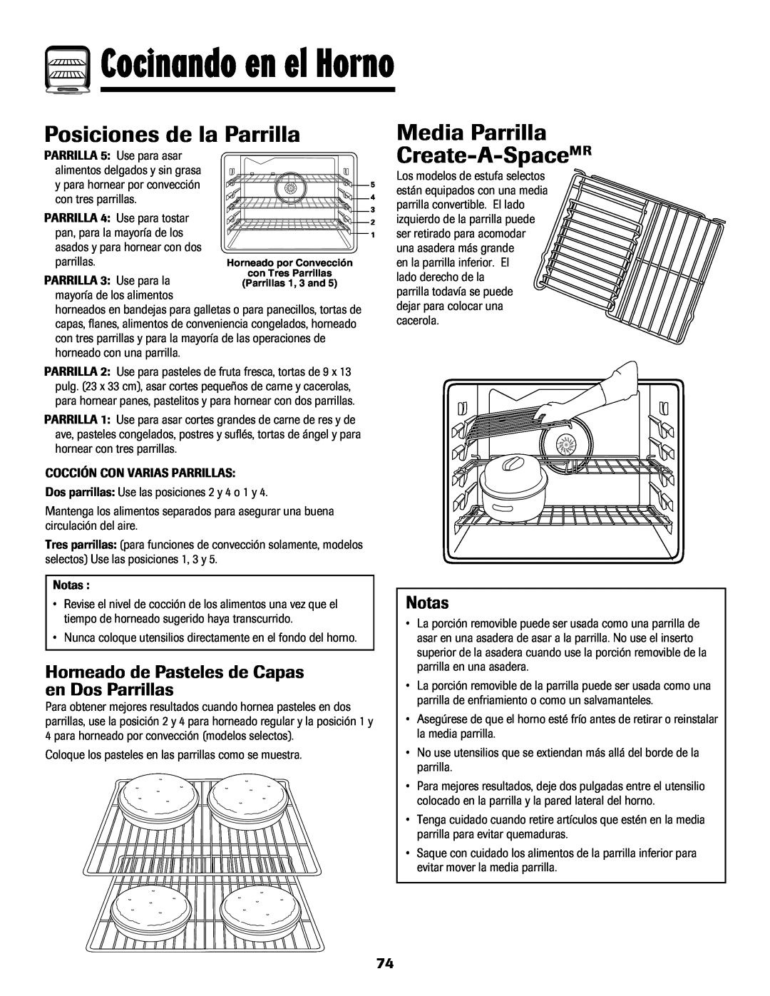 Maytag MGS5875BDW Posiciones de la Parrilla, Media Parrilla Create-A-SpaceMR, Cocinando en el Horno, Notas, parrillas 