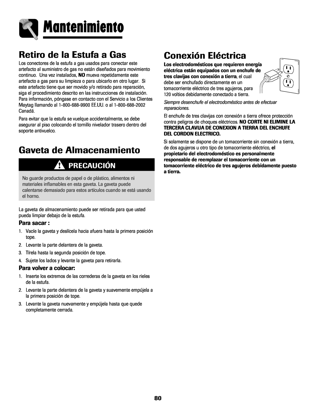 Maytag MGS5875BDW Retiro de la Estufa a Gas, Gaveta de Almacenamiento, Conexión Eléctrica, Mantenimiento, Precaución 