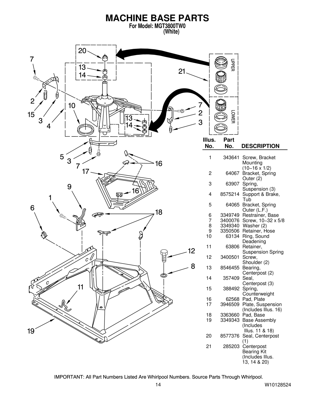 Maytag MGT3800TW0 installation instructions Machine Base Parts, Description 