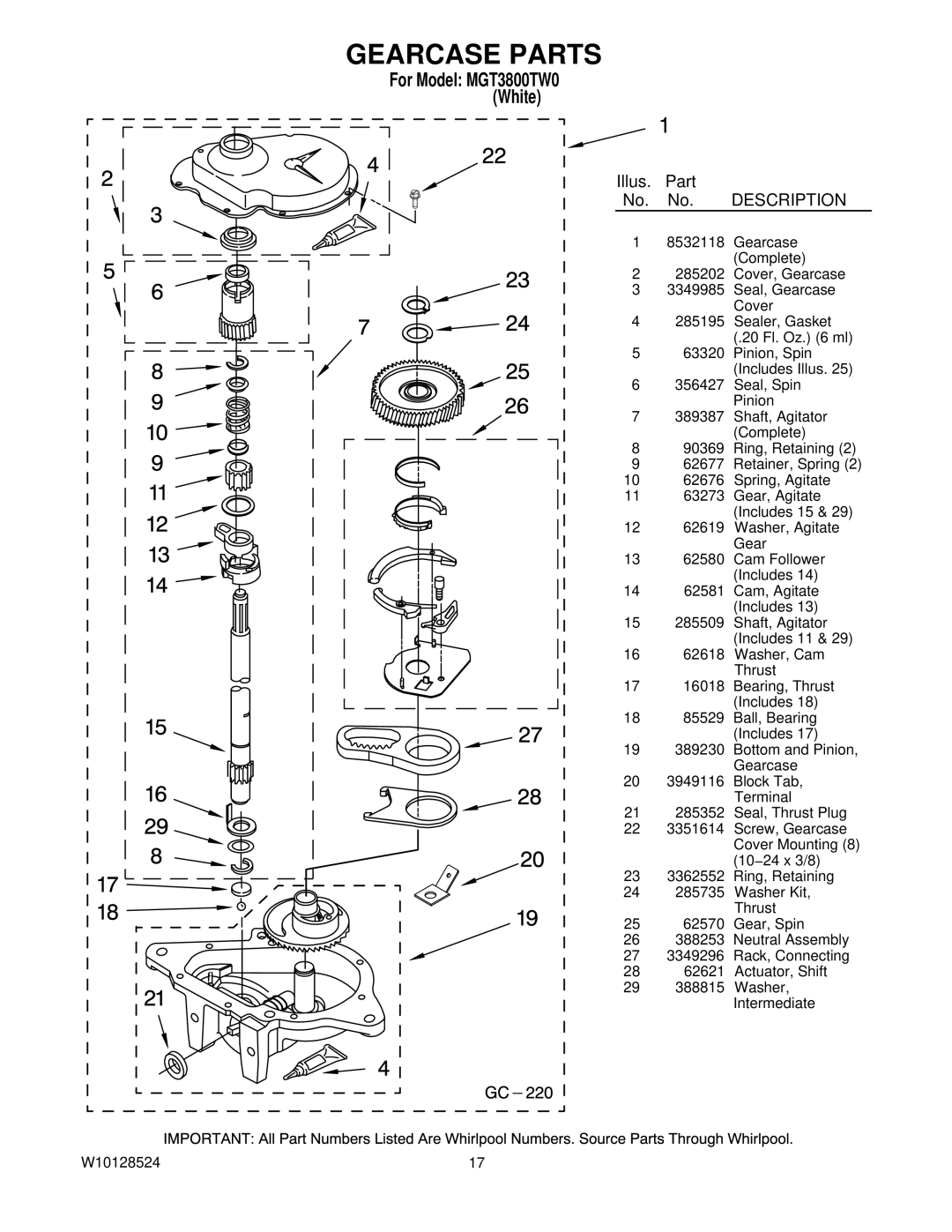 Maytag MGT3800TW0 installation instructions Gearcase Parts, Illus. Part No. No. Description 