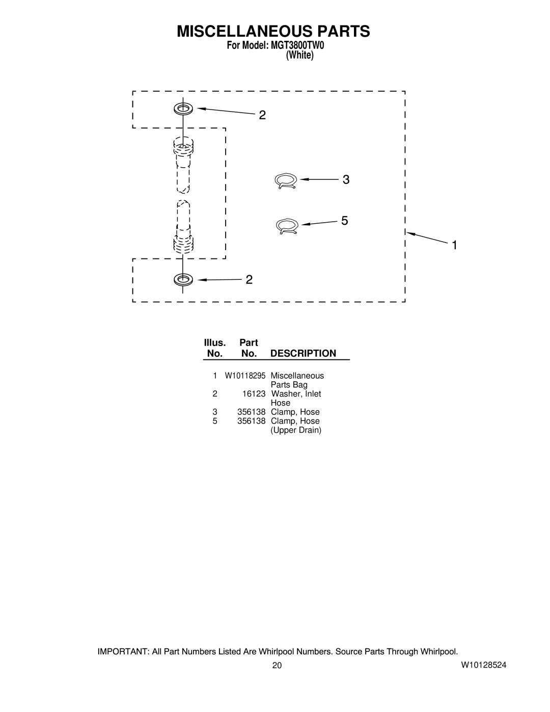 Maytag MGT3800TW0 installation instructions Miscellaneous Parts 