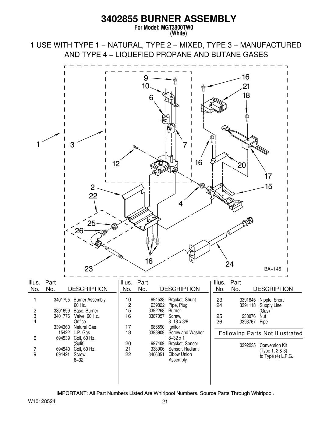 Maytag MGT3800TW0 installation instructions Burner Assembly 