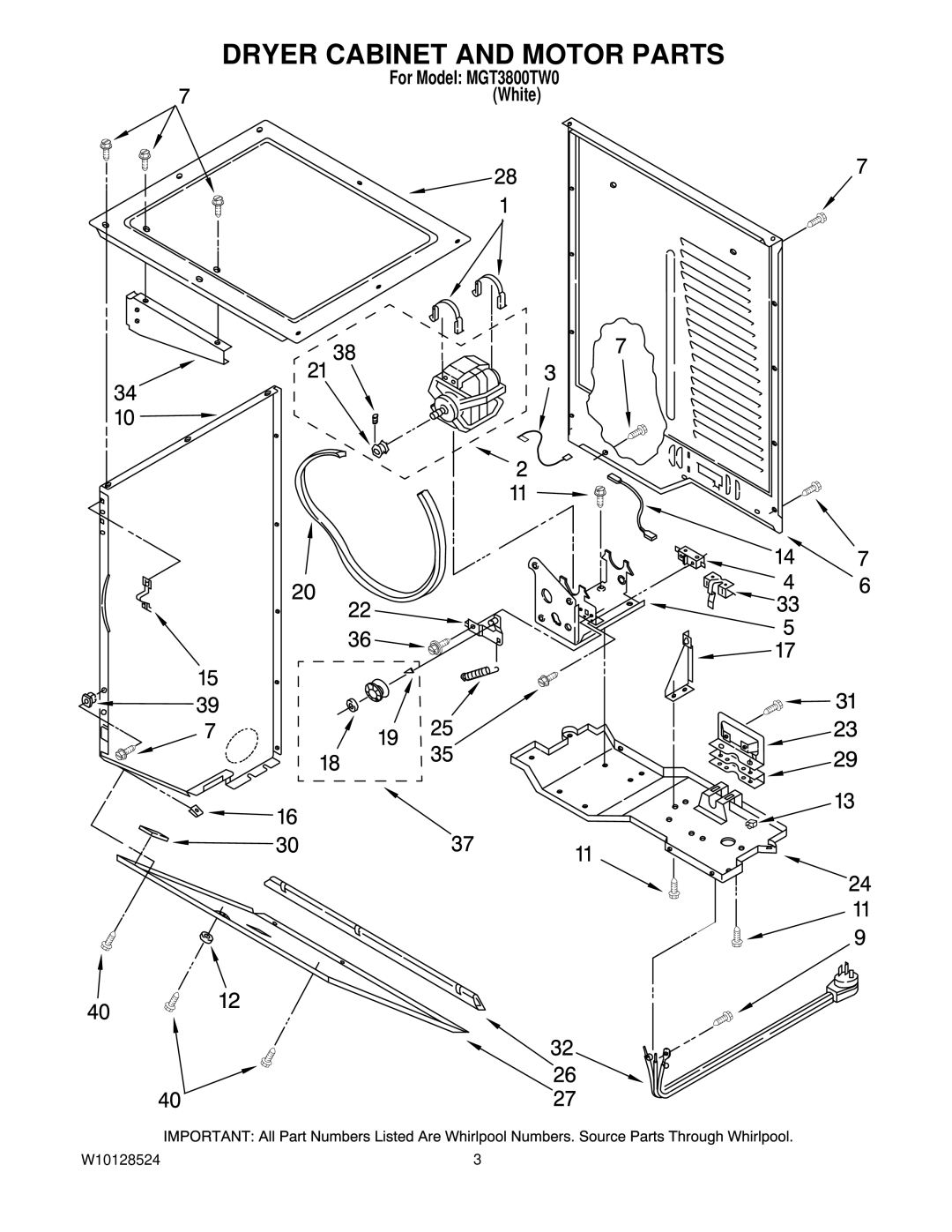 Maytag MGT3800TW0 installation instructions Dryer Cabinet and Motor Parts 