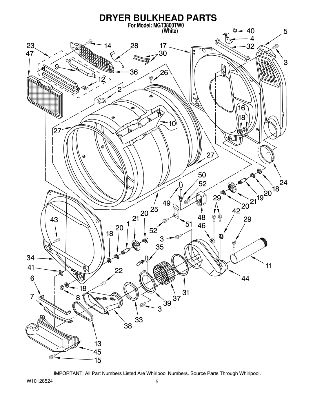 Maytag MGT3800TW0 installation instructions Dryer Bulkhead Parts 