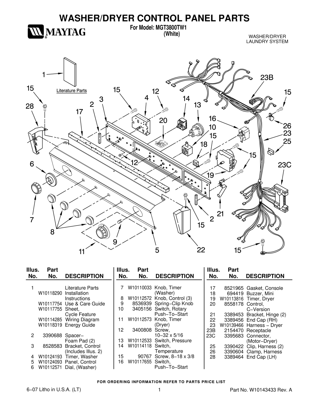 Maytag MGT3800TW1 installation instructions WASHER/DRYER Control Panel Parts, Illus. Part No. No. Description 