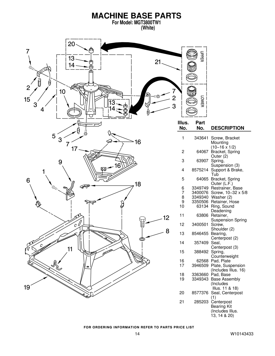 Maytag MGT3800TW1 installation instructions Machine Base Parts, Description 