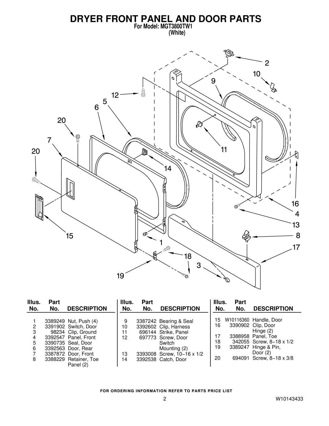 Maytag MGT3800TW1 installation instructions Dryer Front Panel and Door Parts 