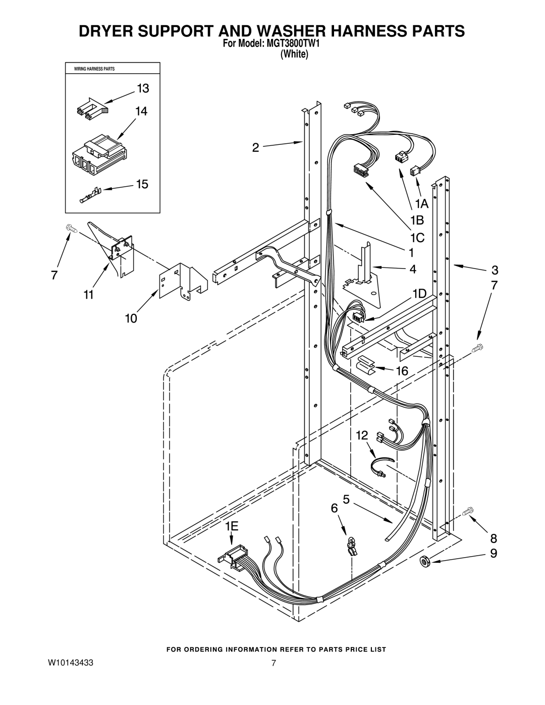 Maytag MGT3800TW1 installation instructions Dryer Support and Washer Harness Parts 