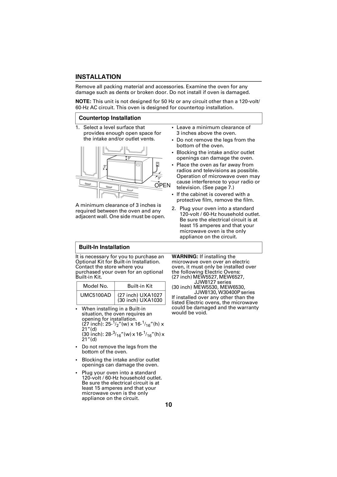 Maytag Microwave Oven, UMC5100AD manual Countertop Installation 