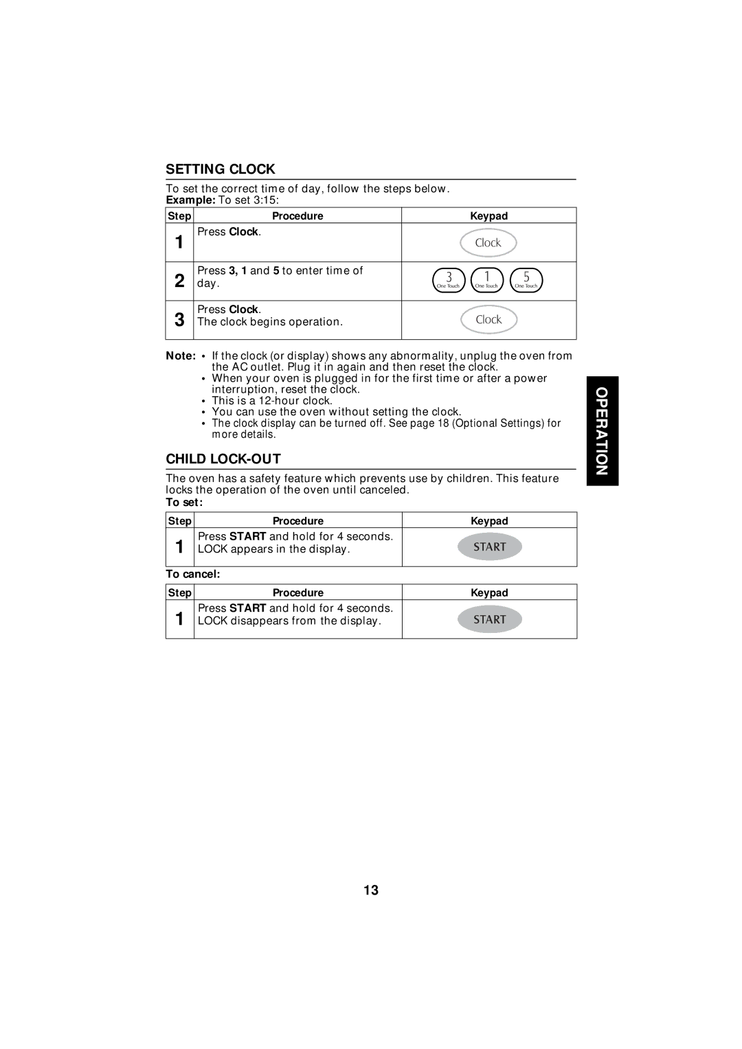 Maytag UMC5100AD, Microwave Oven manual Operation, Setting Clock, Child LOCK-OUT, To set, Step Procedure Keypad 