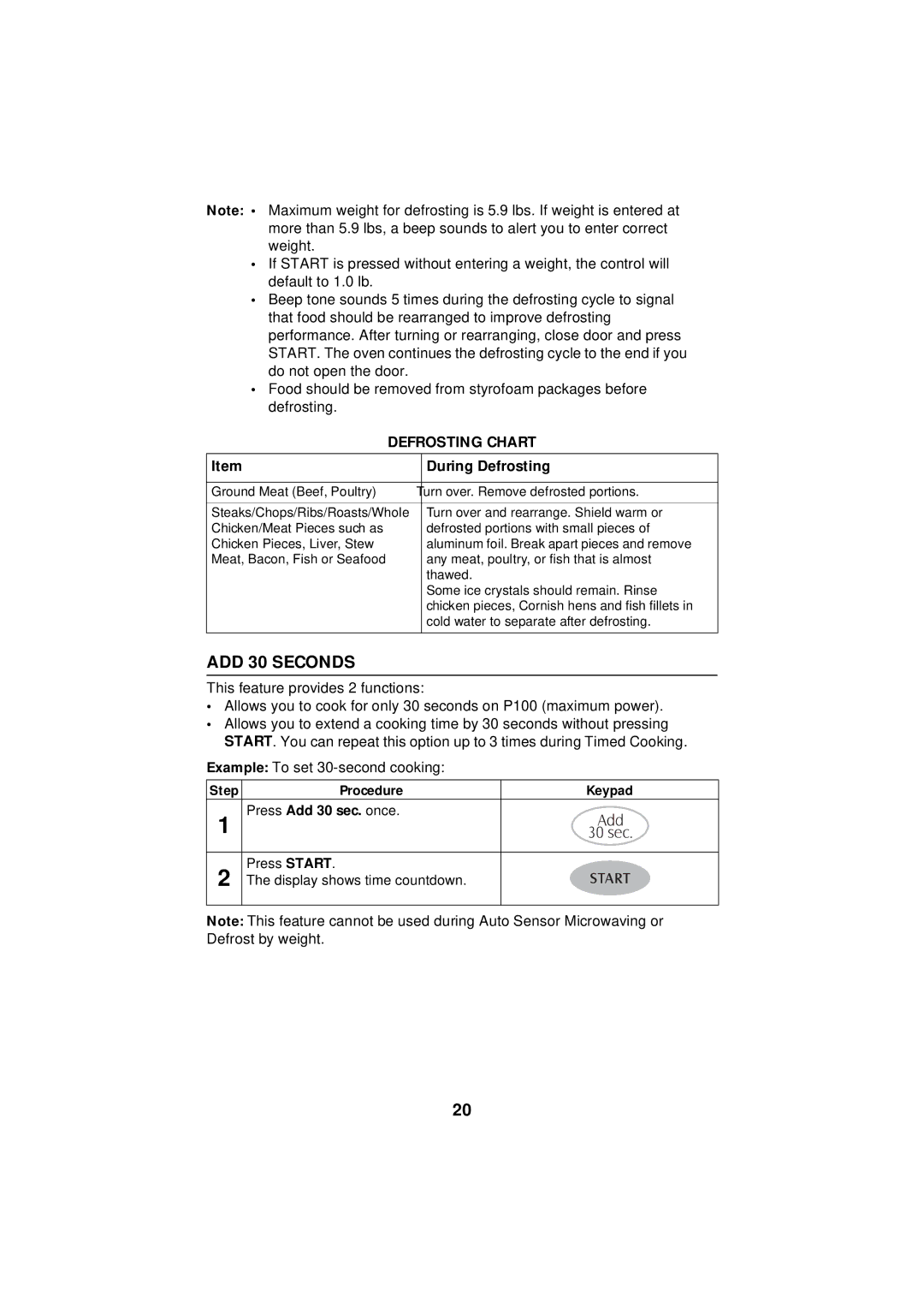 Maytag Microwave Oven, UMC5100AD manual ADD 30 Seconds, During Defrosting, Press Add 30 sec. once 