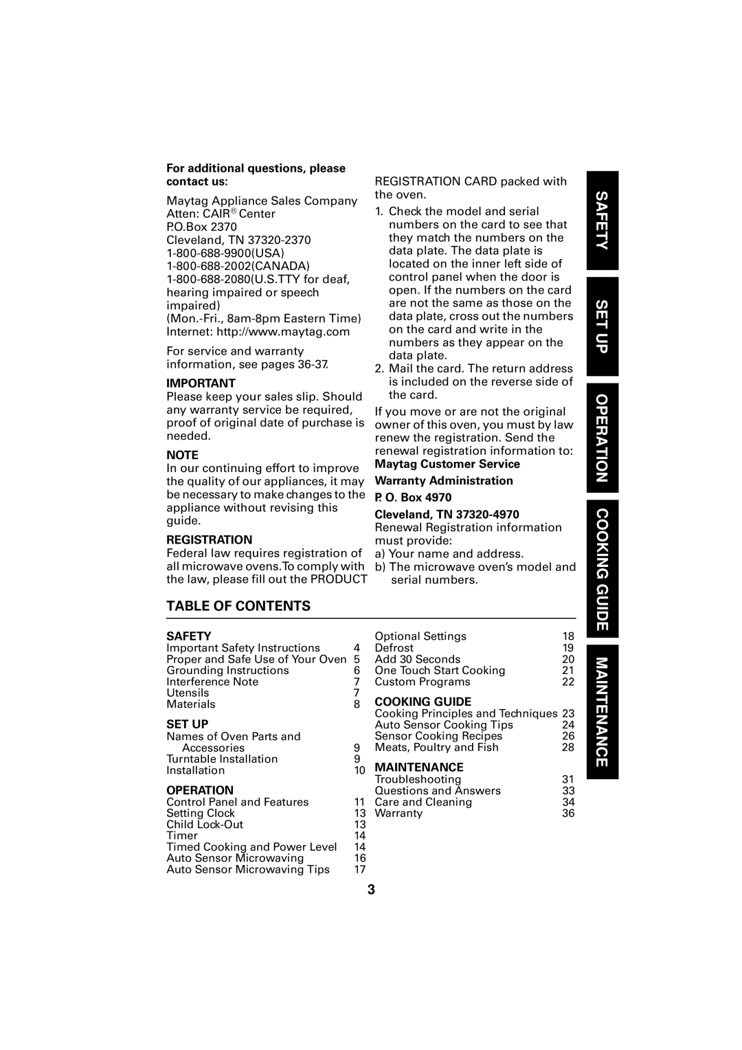 Maytag UMC5100AD, Microwave Oven manual Safety SET UP Operation Cooking, Guide Maintenance, Table of Contents 